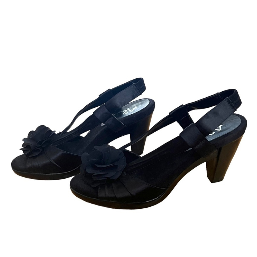 A2 Aersoles Satin Sling Back Heels with Rose Detail size 7.5